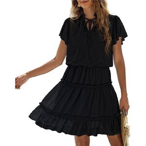 NEW V Neck Swing Mini Dress Elastic High Waist Ruffle Short Dress L